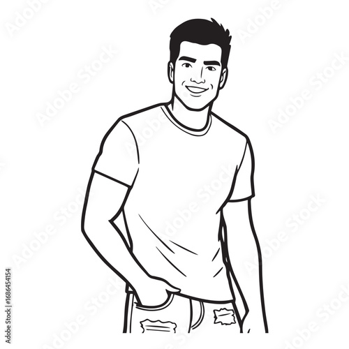 Handsome Man Black and White Illustration Vector Image Male Portrait Fashion Sketch Line Art Design