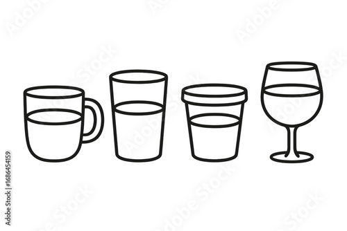 Drink and beverage icon set. Vector line art illustration of various glassware including a coffee mug, water glass, disposable cup, and wine glass. Minimalist outline symbols.