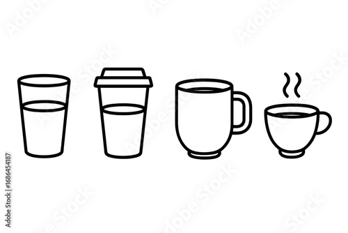 Coffee and tea icon set. Line art collection of drink symbols including coffee cup, tea mug, water glass, and takeaway paper cup. Vector illustration for cafe and restaurant menu.