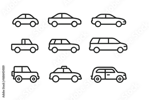 Car line icons set. Vehicle and transport symbols collection. Simple automobile outline pictograms. Sedan, suv, pickup, van, taxi. Editable stroke vector illustration for web.