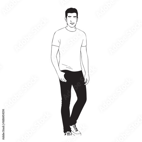 Handsome Man Black and White Illustration Vector Image Male Portrait Fashion Sketch Line Art Design