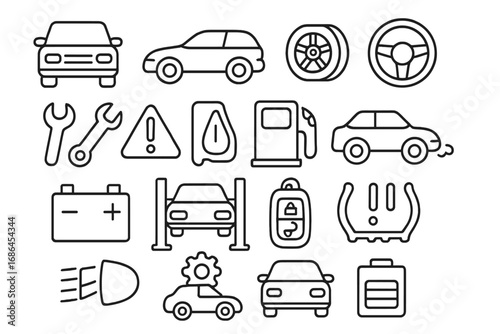Car service and auto repair line icon set. Automotive vehicle maintenance signs collection. Transport symbols for garage, workshop, and web. Editable stroke vector illustration.