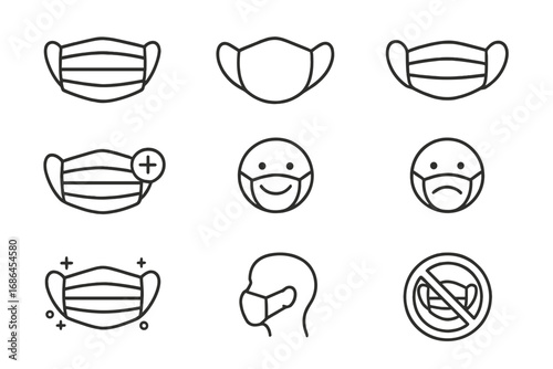 Medical face mask line icon set. Surgical mask for virus, coronavirus, and flu protection. Health safety, hygiene, and pandemic prevention vector symbols for web and apps.
