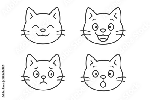 Collection of cute cat head emoticons with different expressions. Thin line art vector icons. Funny, happy, sad, and surprised kitten faces. Cartoon animal character set.