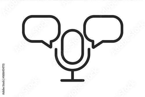 Microphone with speech bubbles linear icon. Podcast, interview, or discussion concept. Voice recording & communication symbol. Audio chat, webinar, or broadcast sign.