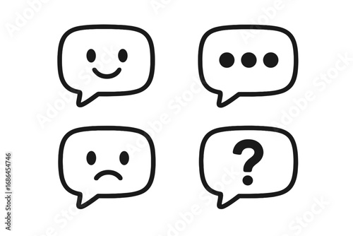Set of chat bubble icons with emotions. Vector line symbols for communication, messaging apps, and social media. Includes happy and sad emoticons, question mark, and typing.