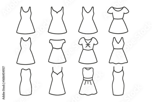 Set of dress line icons. Woman clothes collection. Fashion garment symbols. Summer dresses, cocktail gown, casual wear. Vector outline pictogram for web, app, logo, boutique.