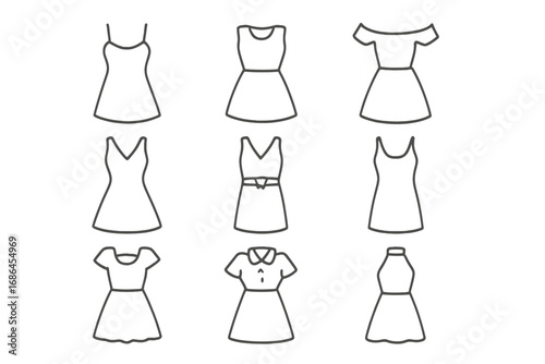 Set of dress line icons. Fashion, clothing, and apparel vector symbol collection. Thin line art illustration for web, apps, infographics. Summer dress silhouettes isolated.