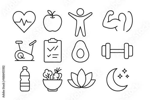 Healthy lifestyle line icon set. Vector symbols for fitness, wellness, nutrition. Concepts for sport, exercise, healthy food, diet, cardio, gym, yoga, sleep, and health plan.