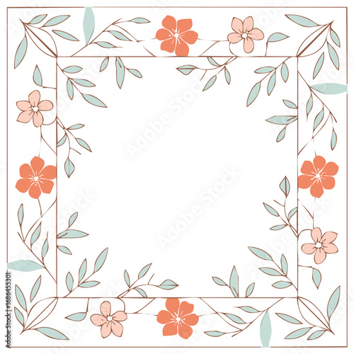 Floral border with coral and blush flowers and mint leaves frame coral flowers