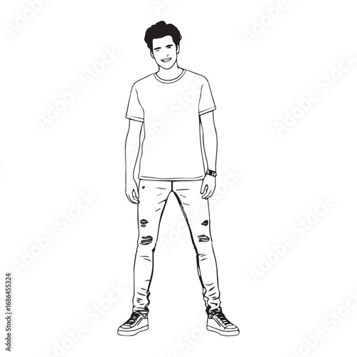 Handsome Man Black and White Illustration Vector Image Male Portrait Fashion Sketch Line Art Design