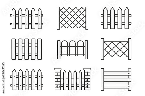 Fence line icon set. Collection of various fences symbols. Includes wooden picket, garden boundary, farm barrier, and park railing. Vector outline illustration for web and apps.