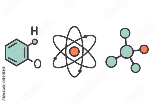 Science icons set. Chemical compound, atom model, and molecule structure. Vector illustration for chemistry, physics, education, and research. Flat cartoon graphic element.