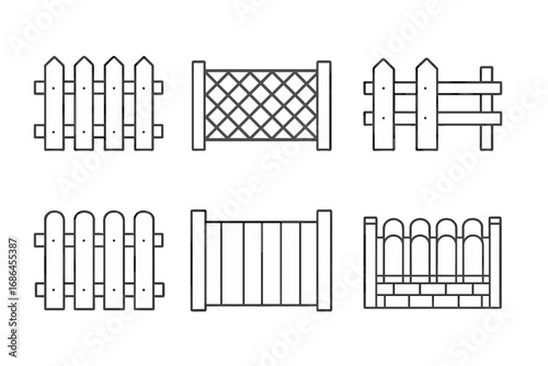 Fence line icon set. Collection of various wooden and metal fences. Picket fence, garden boundary, railing, and enclosure symbols. Vector graphic for web, ui, ux design.