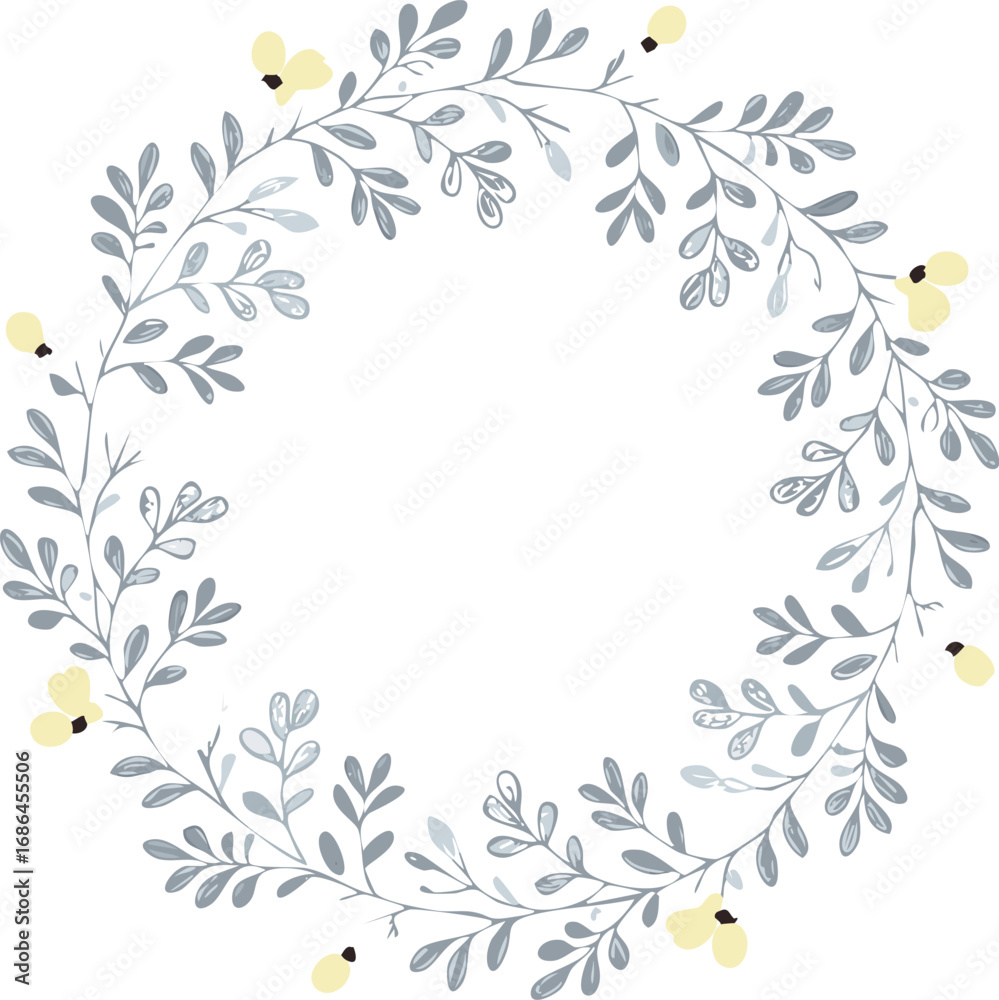 Fototapeta premium Delicate floral wreath with pale yellow blossoms botanical leaves