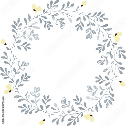 Delicate floral wreath with pale yellow blossoms botanical leaves