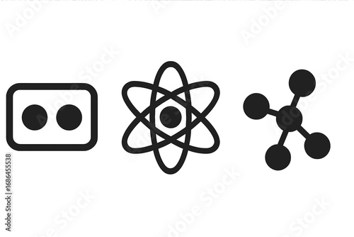 Science icons set with atom, molecule, and chemical compound symbols. Flat vector illustration for physics, chemistry, and research concepts. Minimalist black line art.