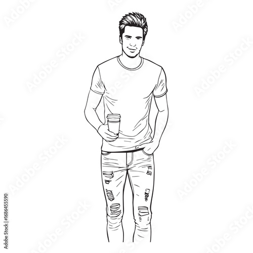 Handsome Man Black and White Illustration Vector Image Male Portrait Fashion Sketch Line Art Design
