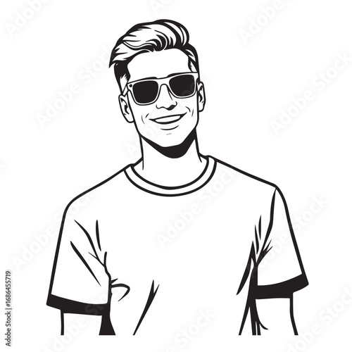 Handsome Man Black and White Illustration Vector Image Male Portrait Fashion Sketch Line Art Design
