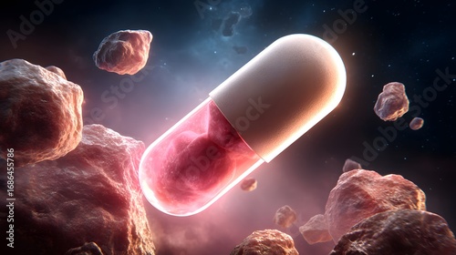 A single glowing vitamin capsule floating in cosmic darkness, surrounded by fragmented meat-shaped asteroids --v 7.0 --ar 16:9 --c 20 --s 20 --style raw