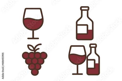 Set of red wine icons. Vector line art illustration of wine glass, bottle, grapes. Minimalist symbols for bar menu, winery, restaurant, party, celebration, alcohol concepts.