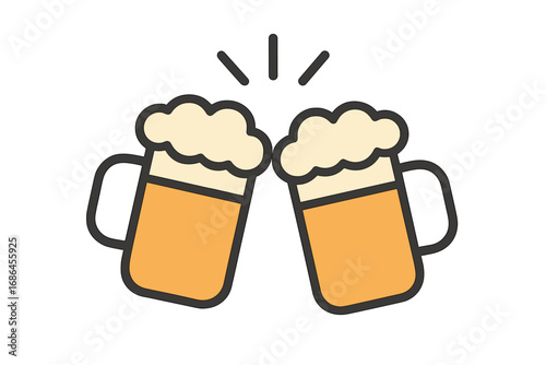 Cheers with two beer mugs vector icon. Glasses of draft beer clinking in a toast. Celebration, party, friendship, and social drinking concept. Line art for pub, bar, brewery.