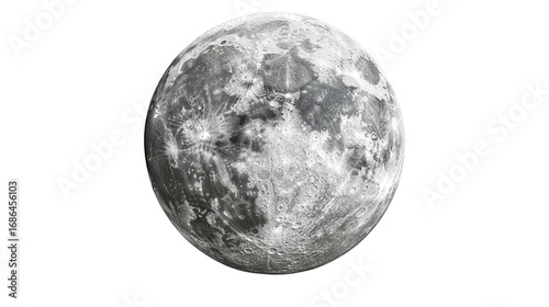 A detailed grayscale image of the full moon showing its craters and surface textures in high contrast.