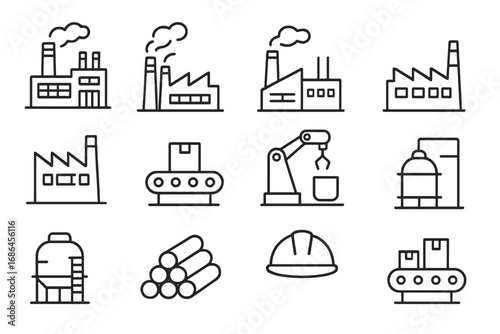 Factory and manufacturing icon set. Industrial production line icons. Vector symbols for plant, automation, robotic arm, conveyor belt, assembly line, and engineering design.