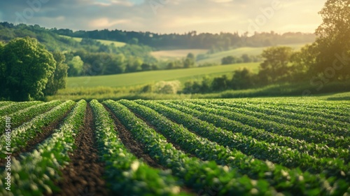 Wallpaper Mural field surrounded by nature with vibrant green crops, set against a soft blurred background of distant trees and hills Torontodigital.ca