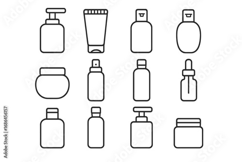 Cosmetic container icon set. Thin line art of beauty product packaging. Vector outline symbols for cream, lotion, serum, shampoo bottle, spray, tube, and jar. Editable stroke.