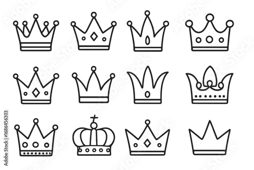 Crown line icon collection. Royal doodle set. King, queen, princess tiara logo. Luxury, power, majesty symbol for graphic design, web, apps. Vector heraldic illustration.