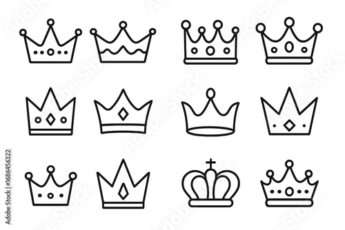 Crown line icon set. Royal collection of king, queen, and princess tiara symbols. Luxury, power, and winner concept for logo, app, web design. Vector outline doodle illustration.