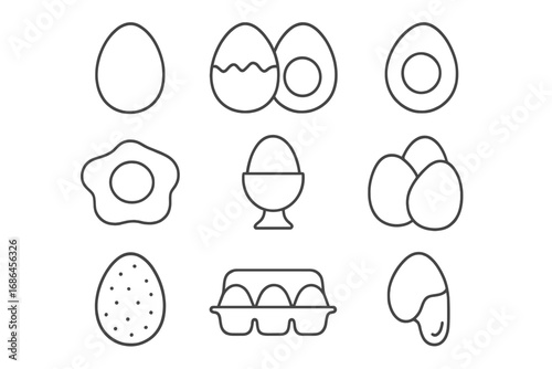 Egg icon set thin line art vector. Collection of food symbols for breakfast. Fried, boiled, poached, cracked eggs. Simple outline for web, app, and infographic design.