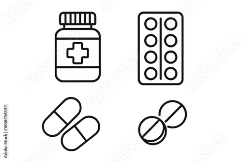 Medical pills thin line icon set. Vector symbols of medicine bottle, blister pack, capsules, tablets. Pharmacy, healthcare, treatment concept. Editable stroke illustration.