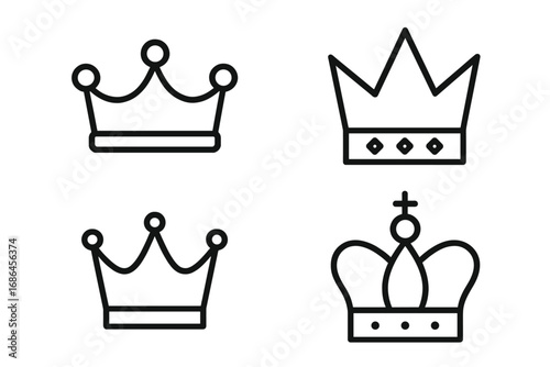 Crown icon set in a modern outline style. Royal symbols for king, queen, princess. Vector heraldic elements for logo design, luxury branding, apps, and websites. Monarchy.