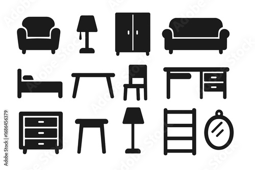 Furniture icon set. Minimalist home decor silhouette collection. Vector interior design elements. Sofa, chair, table, bed, lamp, wardrobe, desk, mirror, shelf glyphs pack.