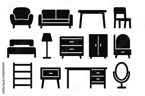 Furniture icon collection. Minimalist black silhouette set for home interior design. Vector graphic elements. Chair, table, sofa, bed, lamp, wardrobe. Furnishing symbols.