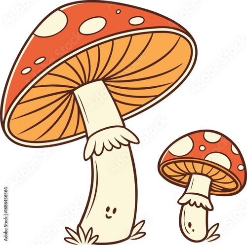 Vector art of cute cartoon red mushrooms with white spots and smiling faces