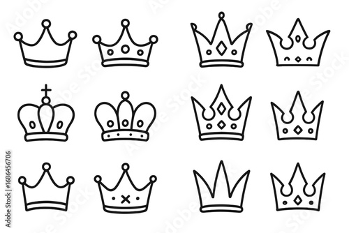 Crown line icon set. Doodle royal symbols. Hand-drawn king, queen, princess tiara collection. Luxury, power, majesty concepts for graphic design, web, apps, logo. Vector sketch.