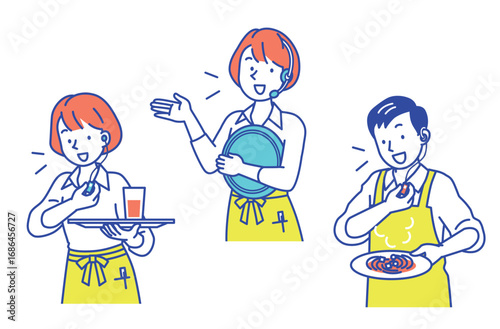 インカムを使って仕事をするエプロン姿の店員のイラストセット