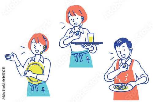 インカムを使って仕事をするエプロン姿の店員のイラストセット