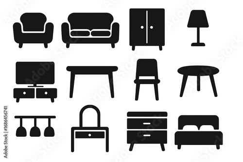 Minimalist furniture icon set. Vector glyphs of home interior elements. Black silhouette collection of couch, chair, table, bed, lamp, and wardrobe. Simple pictogram symbols.