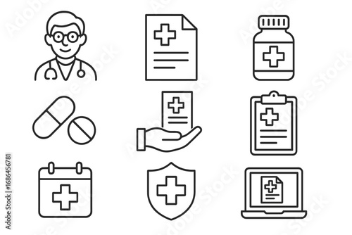 Healthcare line icon pack. Doctor consultation, online prescription, medicine, and pharmacy symbols. Medical clipboard, health insurance shield, and appointment calendar vectors.