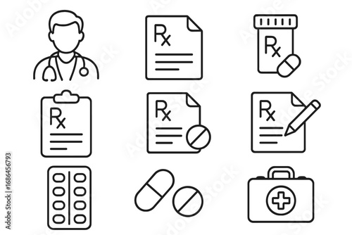 Medical and healthcare line icon set. Doctor, prescription Rx, pharmacy, pills, and first aid kit symbols. Editable stroke vector icons for web, app, and print design.