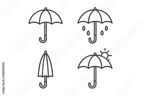 Umbrella weather icon set. Thin line art collection of open, closed parasol for rain and sun protection. Simple vector outline symbols for web design, app, UI, forecast.