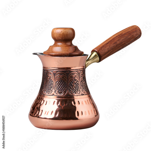 Turkish copper coffee cezve with wooden handle, realistic cutout