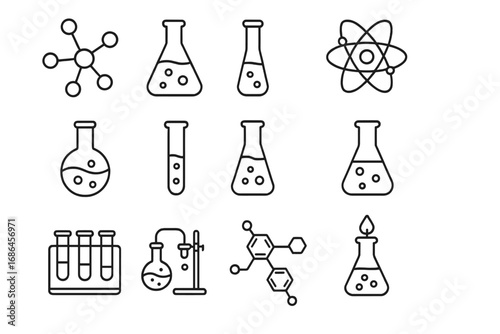 Chemistry line icons set. Science lab equipment symbols. Editable stroke. Vector chemical research, experiment, education concepts. Atom, molecule, flask, test tube, burner.
