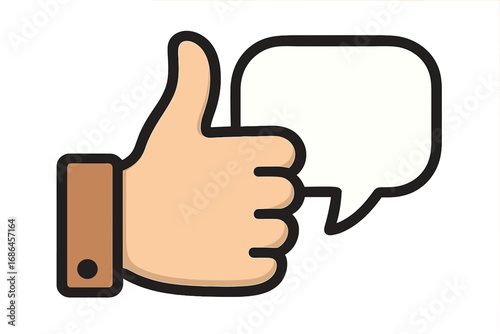 Thumbs up hand gesture with speech bubble. Like icon for social media. Positive feedback, approval, and good review concept. Communication and agreement symbol. Vector illustration.