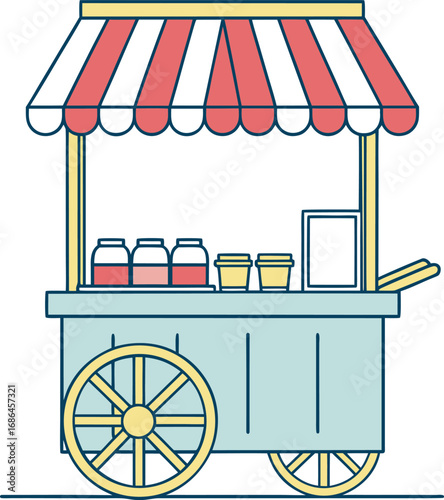 Vector art of a charming illustration of a food cart with a striped awning, displaying jars and cups, isolated on a