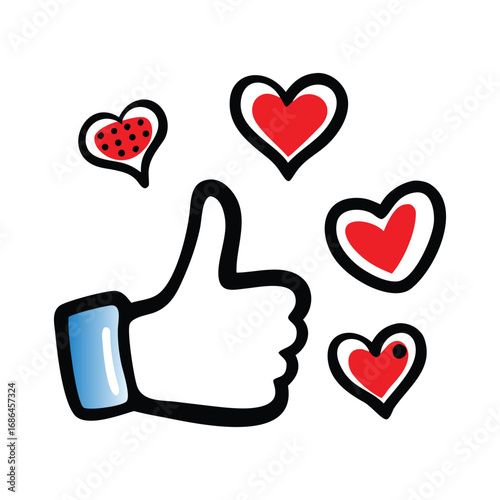 Hand drawn thumbs up symbol surrounded by red hearts and positive feedback icons